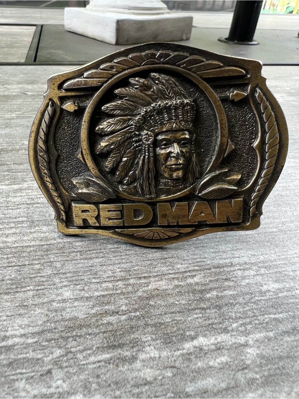 Red Man Brass Belt Buckle with Native Chief Motif